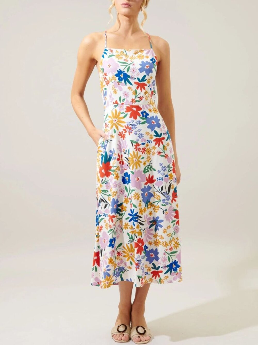 New! Sugarlips White Ojai Floral Booker Cross Back Midi Dress 50401